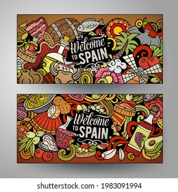 Cartoon cute colorful vector doodles Spain corporate identity. 2 horizontal banners design. Templates set