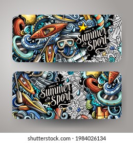 Cartoon cute colorful vector doodles Water Sports corporate identity. 2 horizontal banners design. Templates set