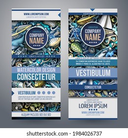 Cartoon cute colorful vector doodles Diving corporate identity. 2 vertical banners design. Templates set