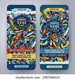 Cartoon cute colorful vector doodles Water Sports corporate identity. 2 vertical banners design. Templates set