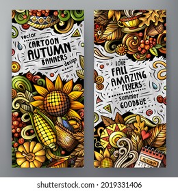 Cartoon cute colorful vector doodles Autumn corporate identity. 2 vertical banners design detailed with lots of separated objects. Templates set