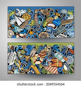Cartoon cute colorful vector doodles Marine corporate identity. 2 horizontal banners design. Templates set