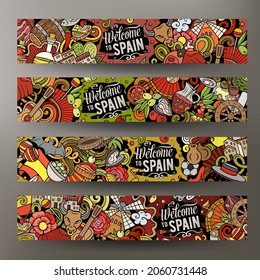 Cartoon cute colorful vector doodles Spain corporate identity. 4 horizontal banners design. Templates set