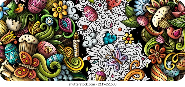 Cartoon cute colorful vector doodles Happy Easter horizontal banner design