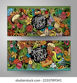 Cartoon cute colorful vector doodles Happy Easter corporate identity. 2 horizontal banners design. Templates set