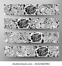 Cartoon cute colorful vector doodles Happy Easter corporate identity. 4 horizontal banners design. Templates set