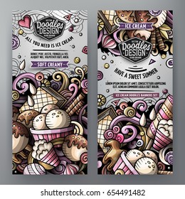 Cartoon cute colorful vector doodles ice cream corporate identity. 2 vertical banners design detailed with lots of separated objects. Templates set