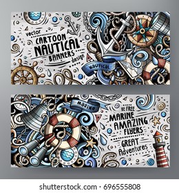 Cartoon cute colorful vector doodles Nautical corporate identity. 2 horizontal banners design detailed with lots of separated objects. Templates set