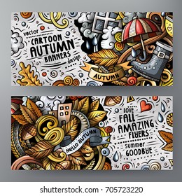 Cartoon cute colorful vector doodles Autumn corporate identity. 2 horizontal banners design detailed with lots of separated objects. Templates set