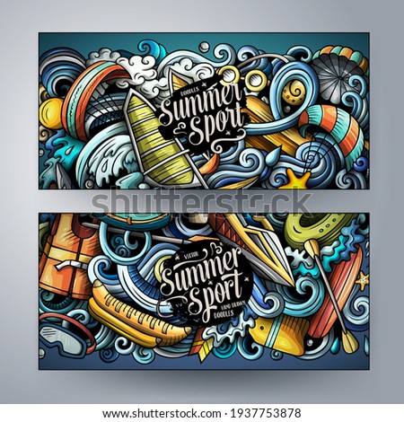Cartoon cute colorful vector doodles Water Sports corporate identity. 2 horizontal banners design. Templates set