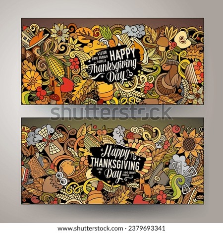 Cartoon cute colorful vector doodles Thanksgiving corporate identity. 2 banners design. Templates set. NOT AI