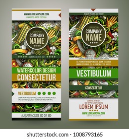 Cartoon cute colorful vector hand drawn doodles Soccer corporate identity. 2 vertical banners design. Templates set. All objects are separate
