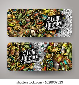 Cartoon cute colorful vector hand drawn doodles Latin America corporate identity. 2 horizontal banners design. Templates set. All objects separate