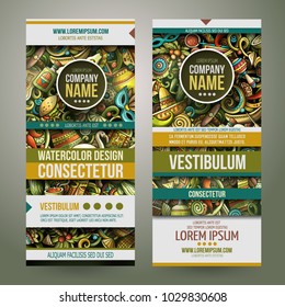 Cartoon cute colorful vector hand drawn doodles Latin America corporate identity. 2 vertical banners design. Templates set. All objects separate