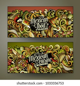 Cartoon cute colorful vector hand drawn doodles Mexican food corporate identity. 2 horizontal banners design. Templates set. All objects separate
