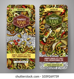 Cartoon cute colorful vector hand drawn doodles Mexican food corporate identity. 2 vertical banners design. Templates set. All objects separate