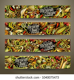 Cartoon cute colorful vector hand drawn doodles Mexican food corporate identity. 4 horizontal banners design. Templates set. All objects separate