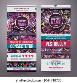 Cartoon cute colorful vector hand drawn doodles Disco music corporate identity. 2 vertical banners design. Templates set. All objects are separate