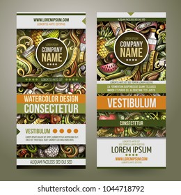 Cartoon cute colorful vector hand drawn doodles Diet food corporate identity. 2 vertical banners design. Templates set. All objects are separate