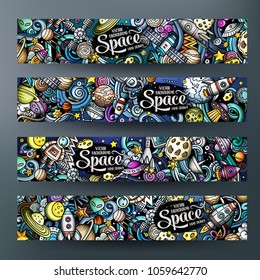 Cartoon cute colorful vector hand drawn doodles space corporate identity. 4 horizontal banners design. Templates set. All objects separate