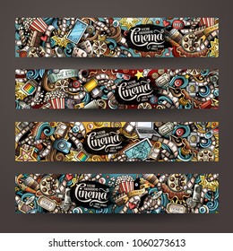 Cartoon cute colorful vector hand drawn doodles Cinema corporate identity. 4 horizontal banners design. Templates set. All objects separate