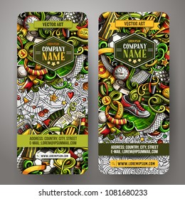 Cartoon cute colorful vector hand drawn doodles Football corporate identity. 2 vertical banners design. Templates set. All objects separate