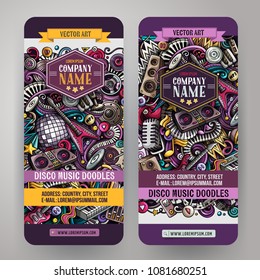 Cartoon cute colorful vector hand drawn doodles Disco music corporate identity. 2 vertical banners design. Templates set. All objects are separate