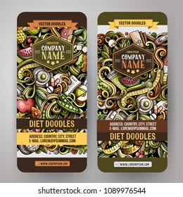 Cartoon cute colorful vector hand drawn doodles Diet food corporate identity. 2 vertical banners design. Templates set. All objects are separate