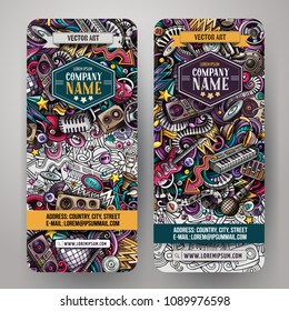 Cartoon cute colorful vector hand drawn doodles Disco music corporate identity. 2 vertical banners design. Templates set. All objects are separate