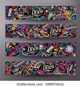 Cartoon cute colorful vector hand drawn doodles Disco music corporate identity. 4 horizontal banners design. Templates set. All objects are separate