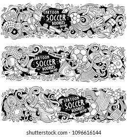 Cartoon cute colorful vector hand drawn doodles Football compositions. 3 horizontal banners design. Templates set. All objects separate