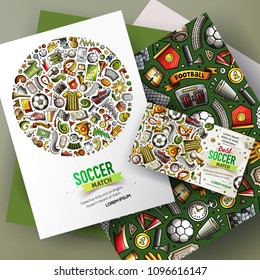 Cartoon cute colorful vector hand drawn doodles Football corporate identity set. Templates design of id card, pattern, poster, papers on the table