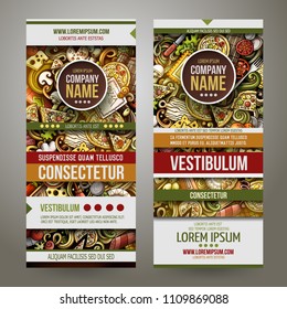 Cartoon cute colorful vector hand drawn doodles Pizzeria corporate identity. 2 vertical banners design. Templates set. All objects separate