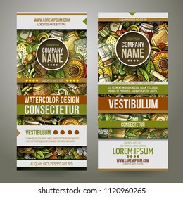 Cartoon cute colorful vector hand drawn doodles Pizzeria corporate identity. 2 vertical banners design. Templates set. All objects separate