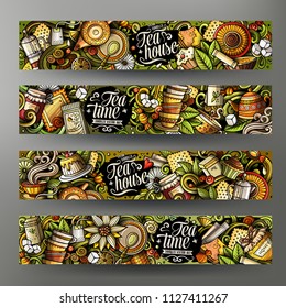 Cartoon cute colorful vector hand drawn doodles Tea corporate identity. 4 horizontal banners design. Templates set. All objects separate