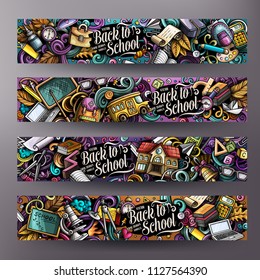 Cartoon cute colorful vector hand drawn doodles School corporate identity. 4 horizontal banners design. Templates set. All objects separate