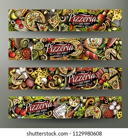 Cartoon cute colorful vector hand drawn doodles Pizzeria corporate identity. 4 horizontal banners design. Templates set. All objects separate