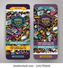 Cartoon cute colorful vector hand drawn doodles Designer corporate identity. 2 vertical banners design. Templates set. All objects separate