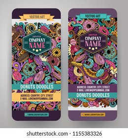 Cartoon cute colorful vector hand drawn doodles Donuts corporate identity. 2 vertical banners design. Templates set. All objects separate