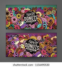 Cartoon cute colorful vector hand drawn doodles Donuts corporate identity. 2 horizontal banners design. Templates set. All objects separate