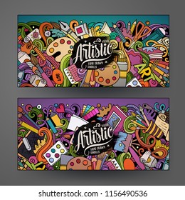 Cartoon cute colorful vector hand drawn doodles Artist corporate identity. 2 horizontal banners design. Templates set. All objects separate