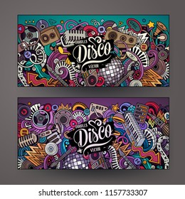 Cartoon cute colorful vector hand drawn doodles Disco music corporate identity. 2 horizontal banners design. Templates set. All objects are separate