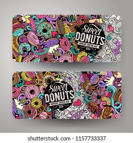 Cartoon cute colorful vector hand drawn doodles Donuts corporate identity. 2 horizontal banners design. Templates set. All objects separate