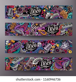 Cartoon cute colorful vector hand drawn doodles Disco music corporate identity. 4 horizontal banners design. Templates set. All objects are separate