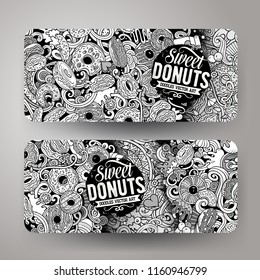 Cartoon cute colorful vector hand drawn doodles Donuts corporate identity. 2 horizontal banners design. Templates set. All objects separate