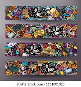 Cartoon cute colorful vector hand drawn doodles School corporate identity. 4 horizontal banners design. Templates set. All objects separate