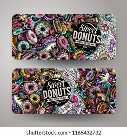 Cartoon cute colorful vector hand drawn doodles Donuts corporate identity. 2 horizontal banners design. Templates set. All objects separate
