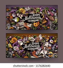 Cartoon cute colorful vector hand drawn doodles Halloween corporate identity. 2 horizontal banners design. Templates set. All objects separate