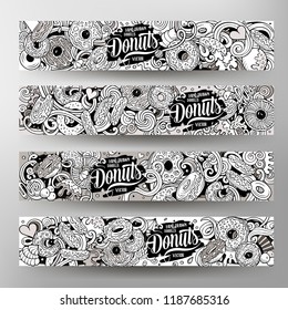 Cartoon cute colorful vector hand drawn doodles Donuts corporate identity. 4 horizontal banners design. Templates set. All objects separate