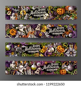 Cartoon cute colorful vector hand drawn doodles Halloween corporate identity. 4 horizontal banners design. Templates set. All objects separate